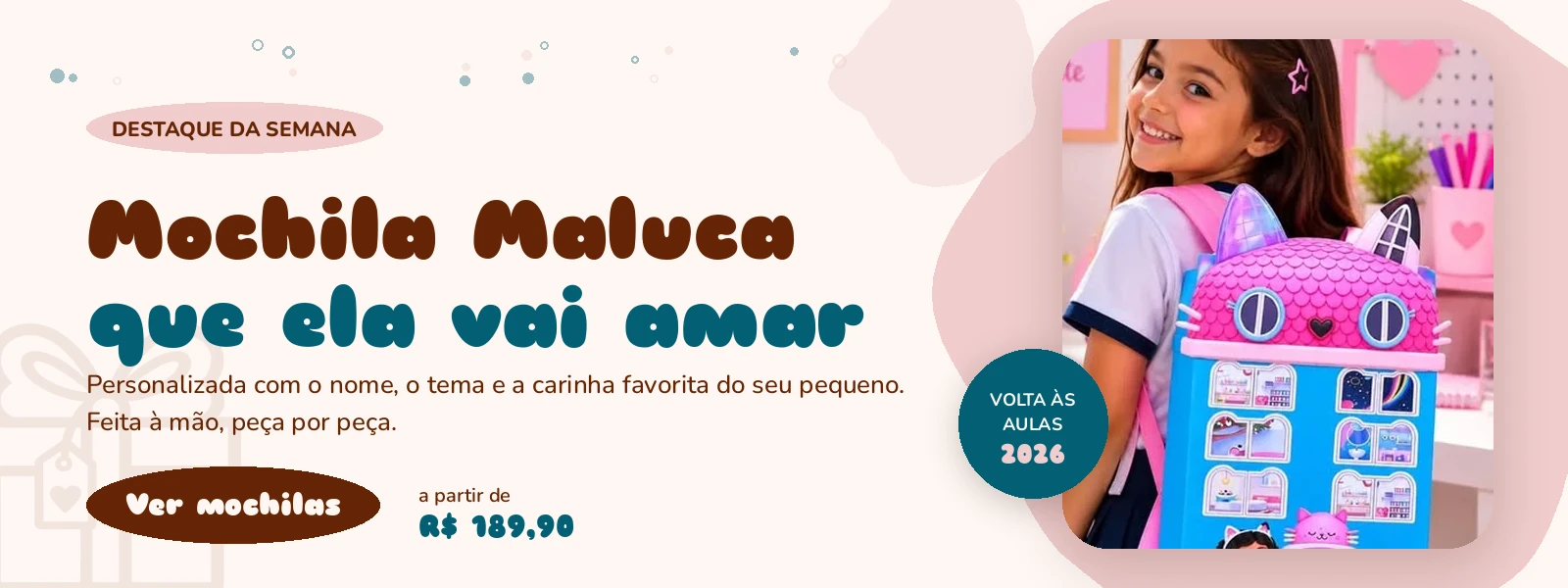 Mochila Maluca 2026 personalizada com o nome e o tema