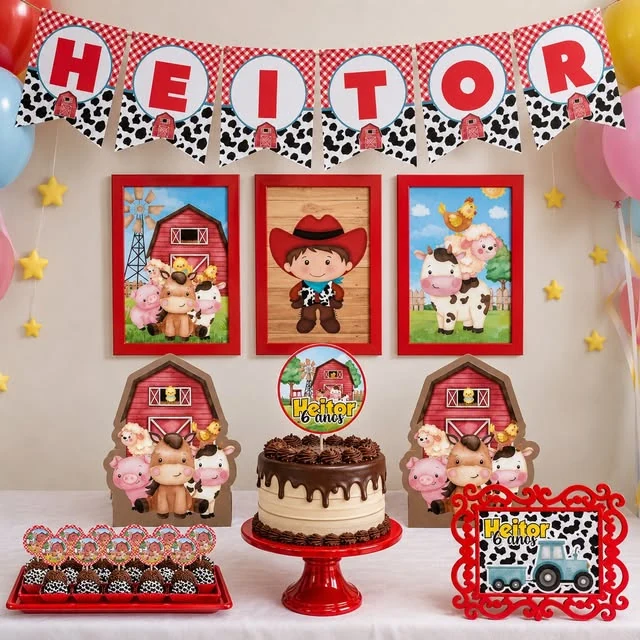 Kit de festa tema fazendinha com painel e doces personalizados