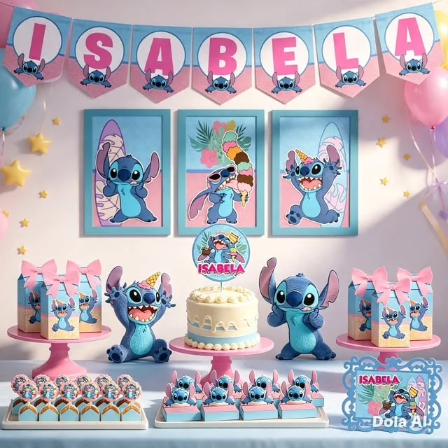 Kit de festa personalizado com painel, topper e lembrancinhas