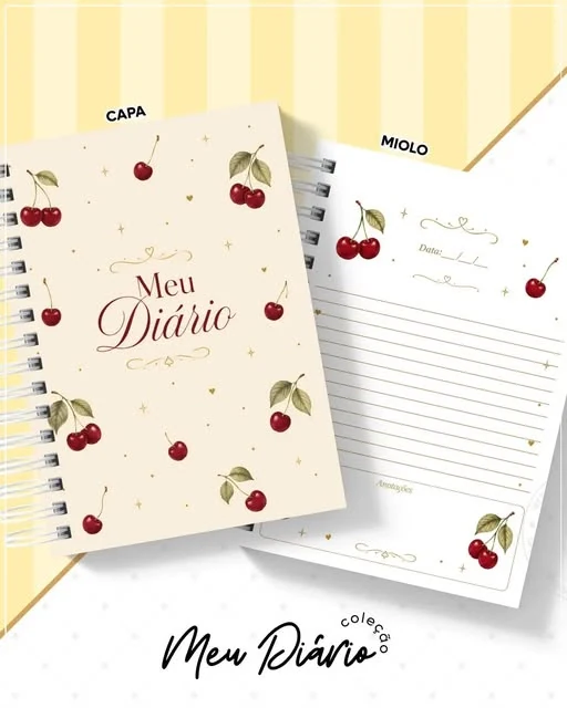 Caderno Meu Diário coleção cerejas com capa e miolo personalizados