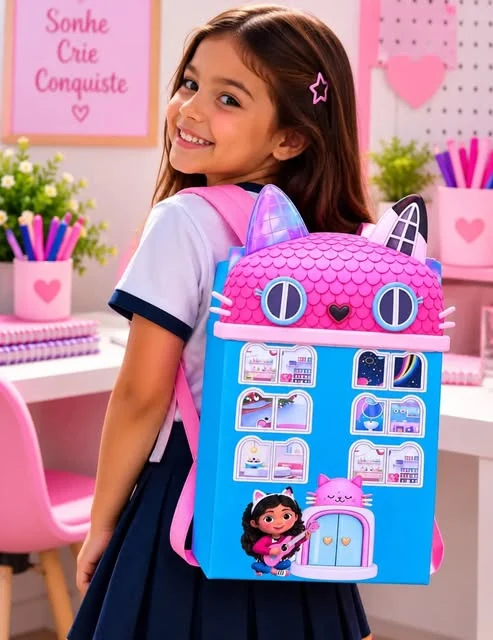 Mochila personalizada em formato de casinha com apliques